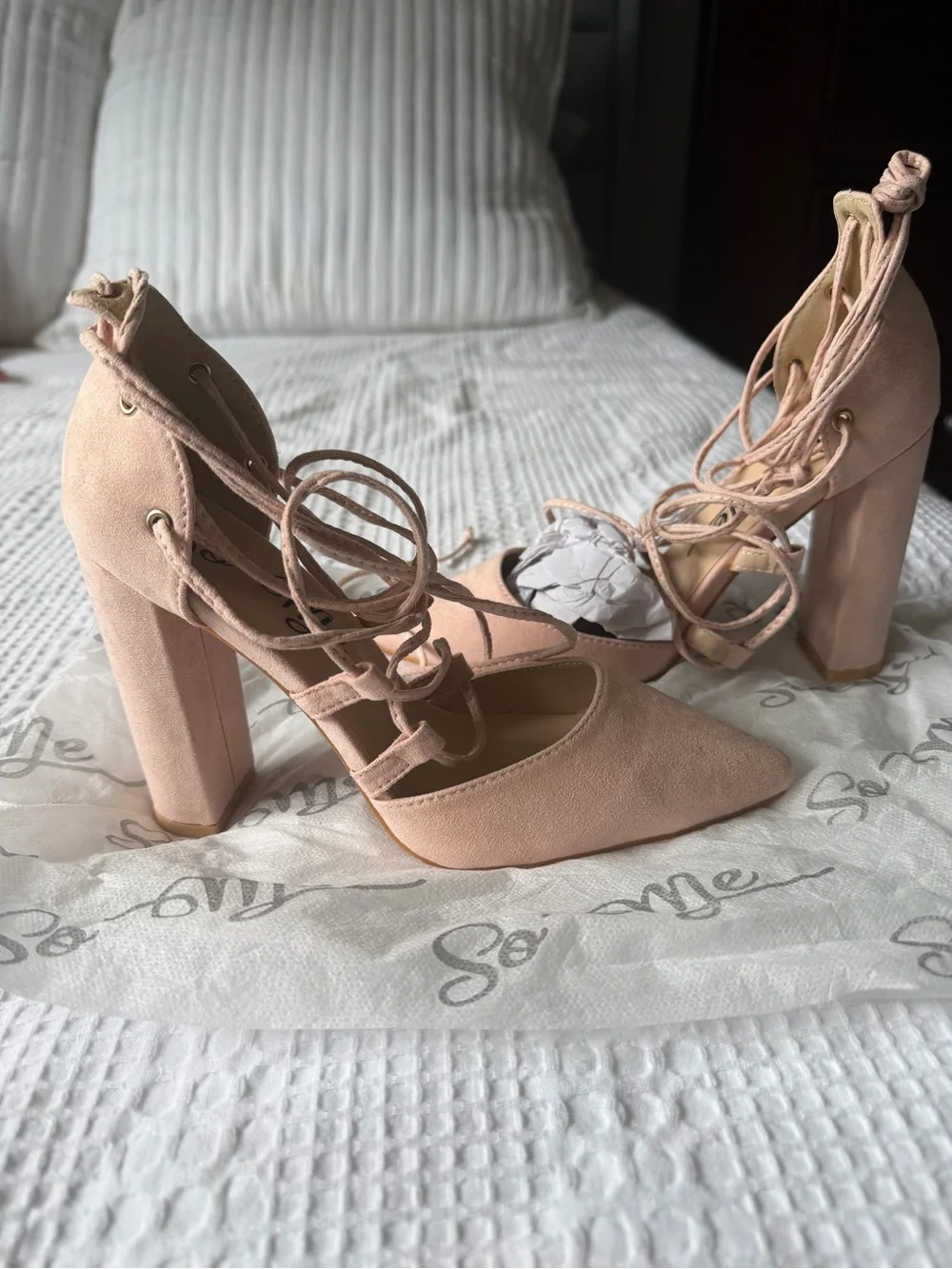 So Me Blush Lace-Up Block 4 Inch Heels